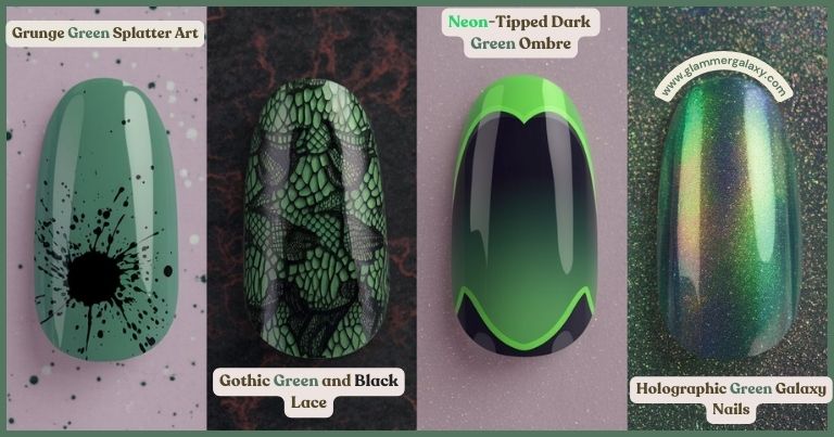 Three nail art designs with dark green themes, labeled grunge, gothic lace, and holographic galaxy.