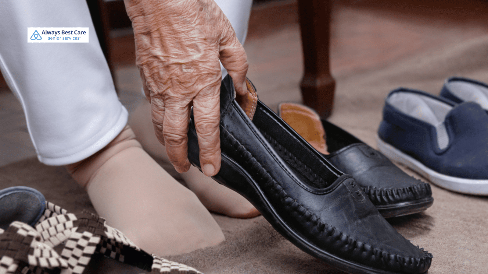 This image depicts a senior putting on shoes