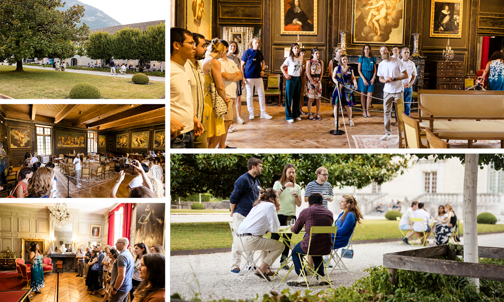 Photo collage of guests visiting the Chateau de Sassenage and hanging around in its garden. 