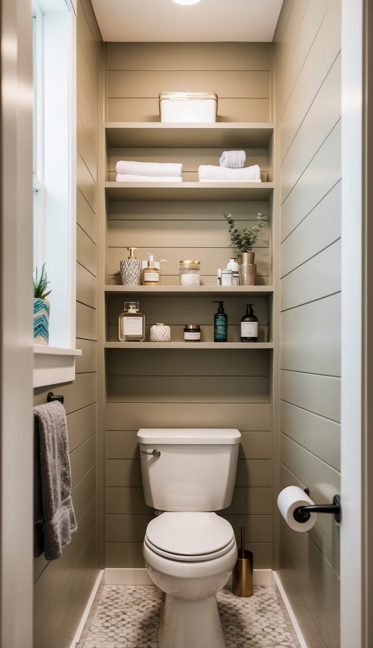 A bathroom with shiplap shelves built into the walls, displaying various decorative items and toiletries