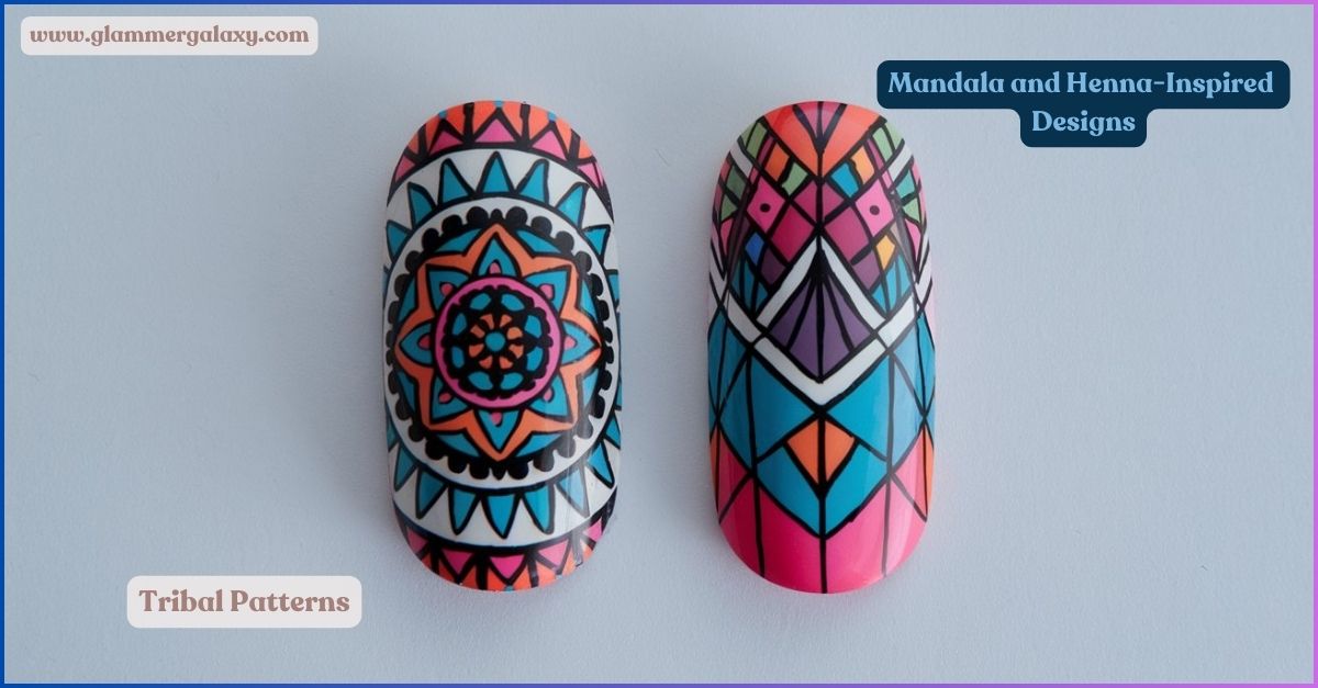 Two nails with intricate ethnic-inspired art, featuring mandala and tribal patterns.