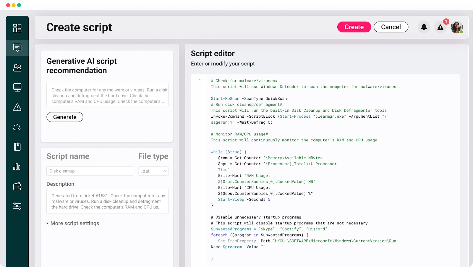 Screenshot of Atera’s AI script generator.