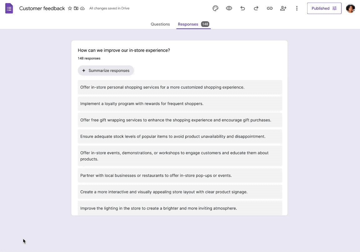 Summarize responses with Gemini in Google Forms
