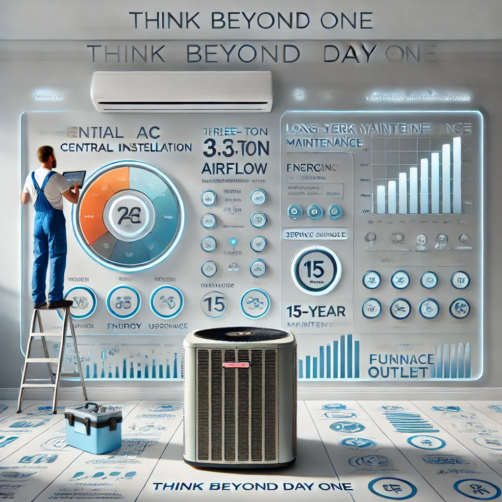 Central AC technician performing maintenance beside a digital display of lifetime HVAC energy and maintenance costs.