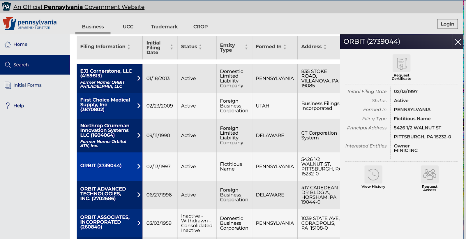 Screenshot of the Pennsylvania Department of State website business entity details results page