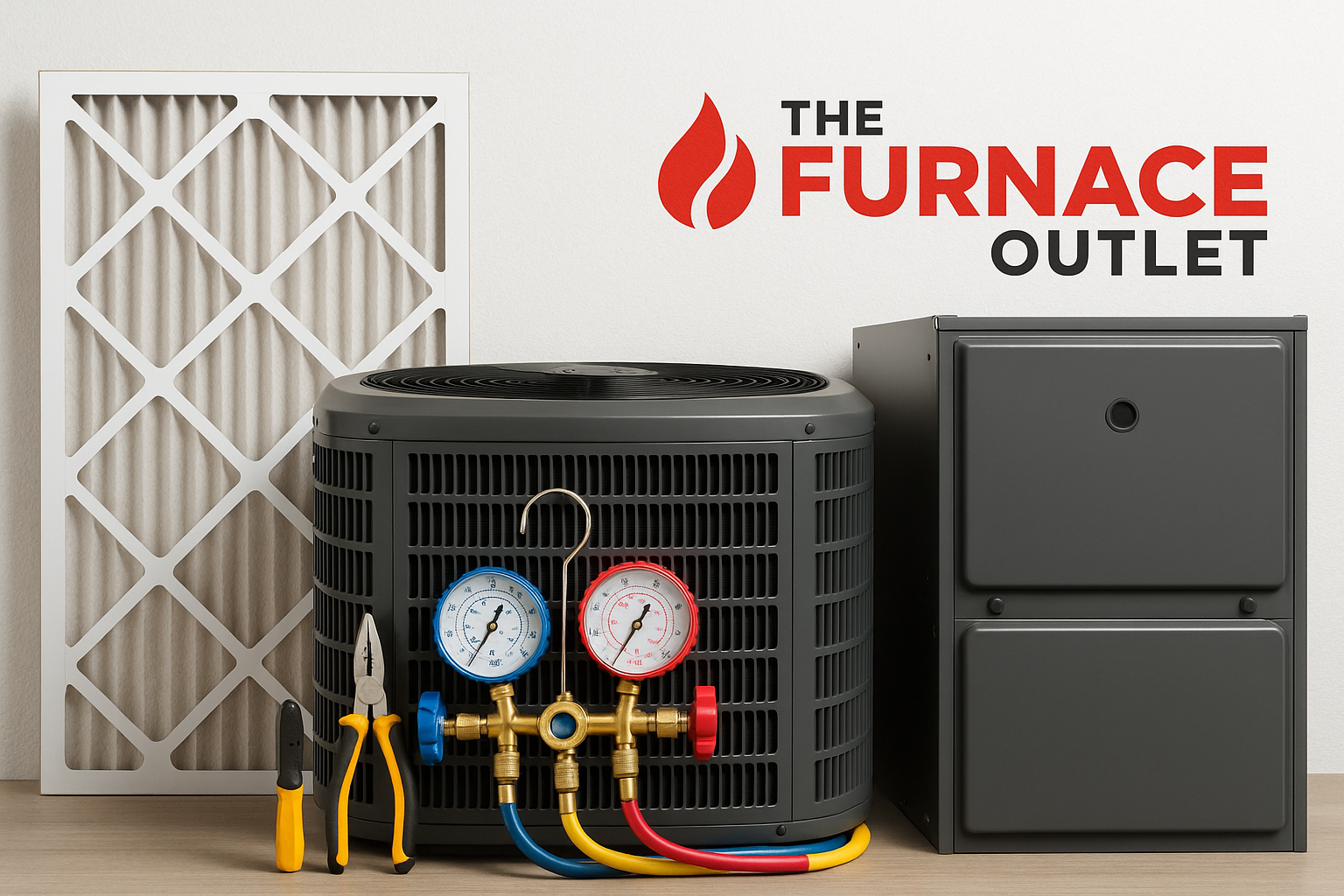 A high-resolution digital photograph showcases HVAC maintenance essentials: a pleated air filter, a central AC unit with attached manifold gauges, a gas furnace, and tools, with The Furnace Outlet branding in the background