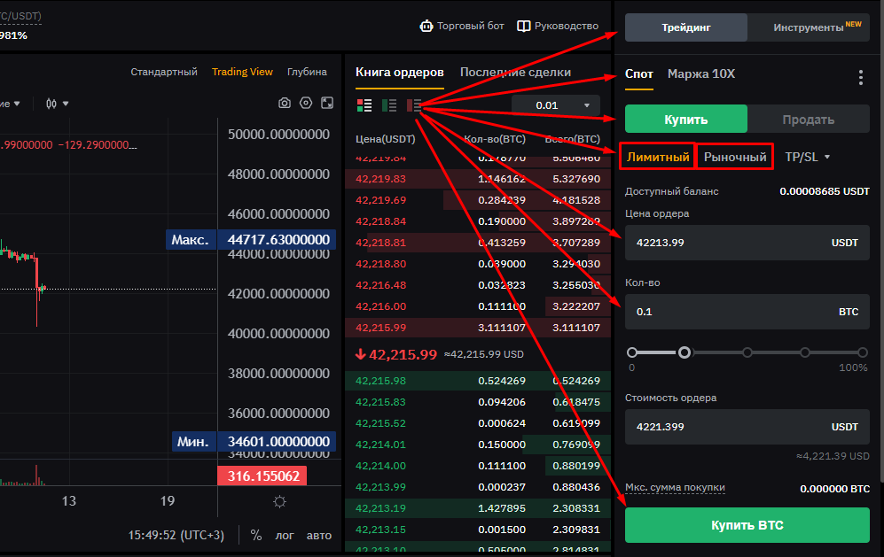 Далее справа в меню выбираем трейдинг, спот, лимитный или рыночный ордер, прописываем цену покупки если лимитный ордер, указываем кол-во монет и нажимаем кнопку купить.