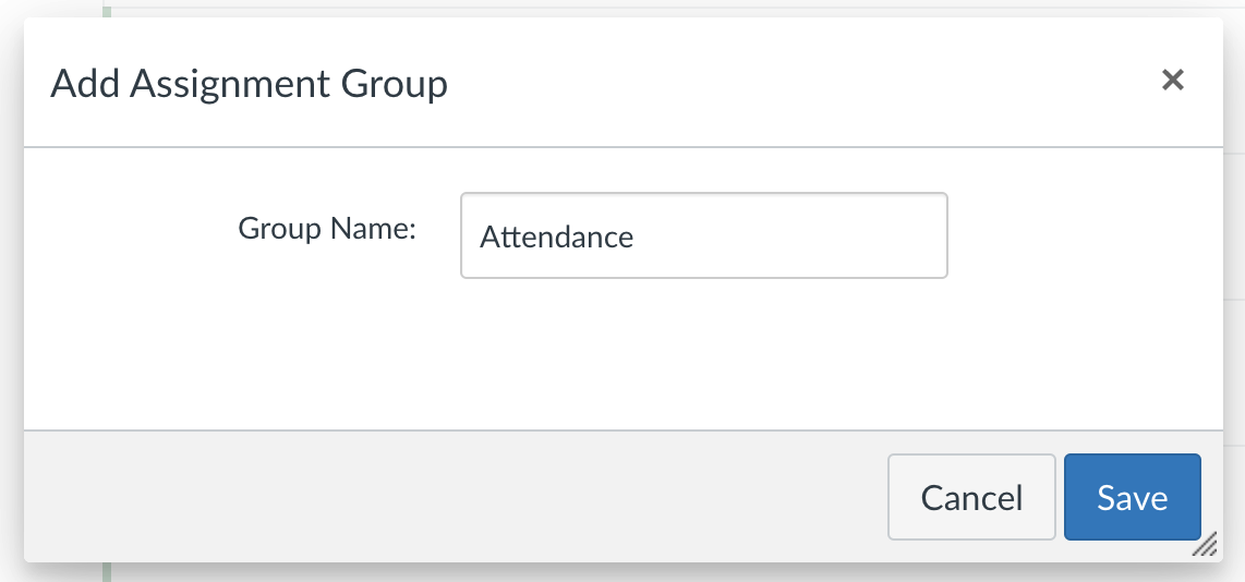 Screenshot of the Add Assignment Group window, where Group Name has the word Attendance typed out as an example.