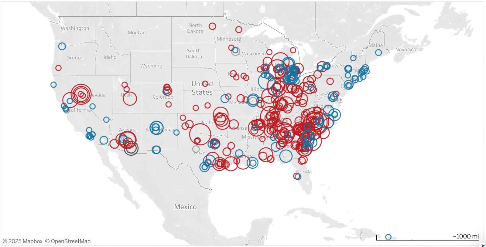 A map of North America shows that clean energy projects are concentrated in Republican areas of the U.S. Southeast 