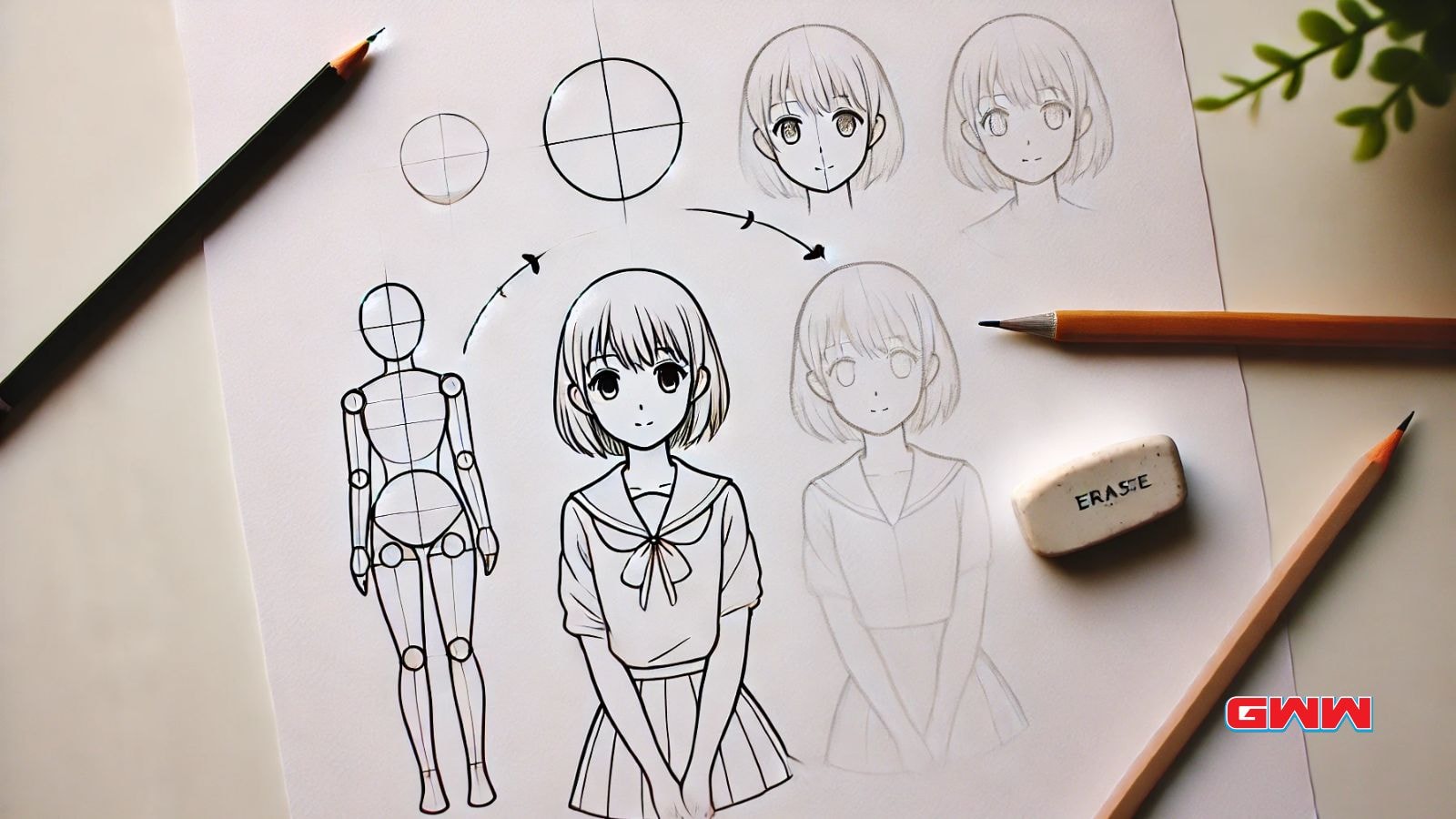 Steps to start an anime girl drawing on white paper with pencil and eraser