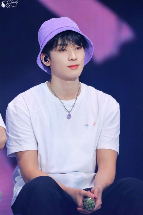 This contains an image of Seventeen Wonwoo wearing a white polo and a purple hat