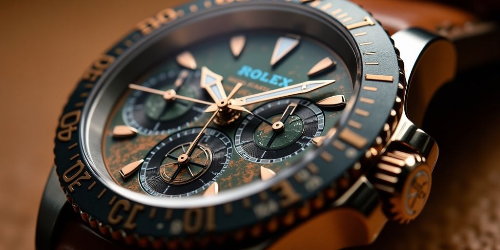 Close-up of a customized Rolex watch with unique details.