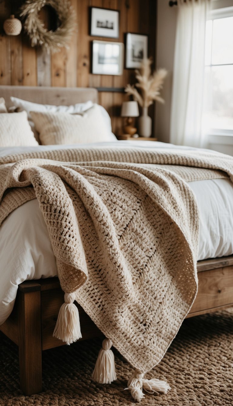 A cozy crochet throw blanket draped over a rustic farmhouse bed, surrounded by warm and inviting decor