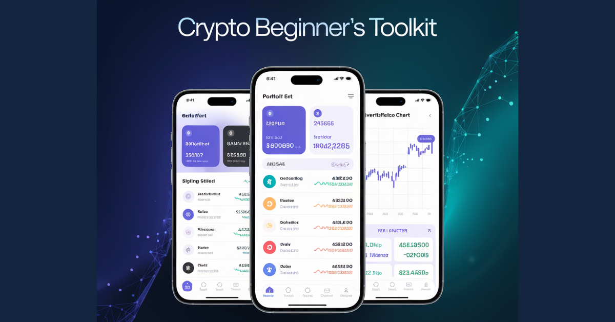 A modern cryptocurrency management interface displayed on three smartphones, showcasing portfolio tracking, market analysis charts, and financial insights, labeled 'Crypto Beginner's Toolkit' at the top.