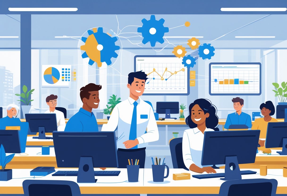 An office scene showing an IT support specialist helping an employee while others work at their desks, representing teamwork and smooth technology support.
