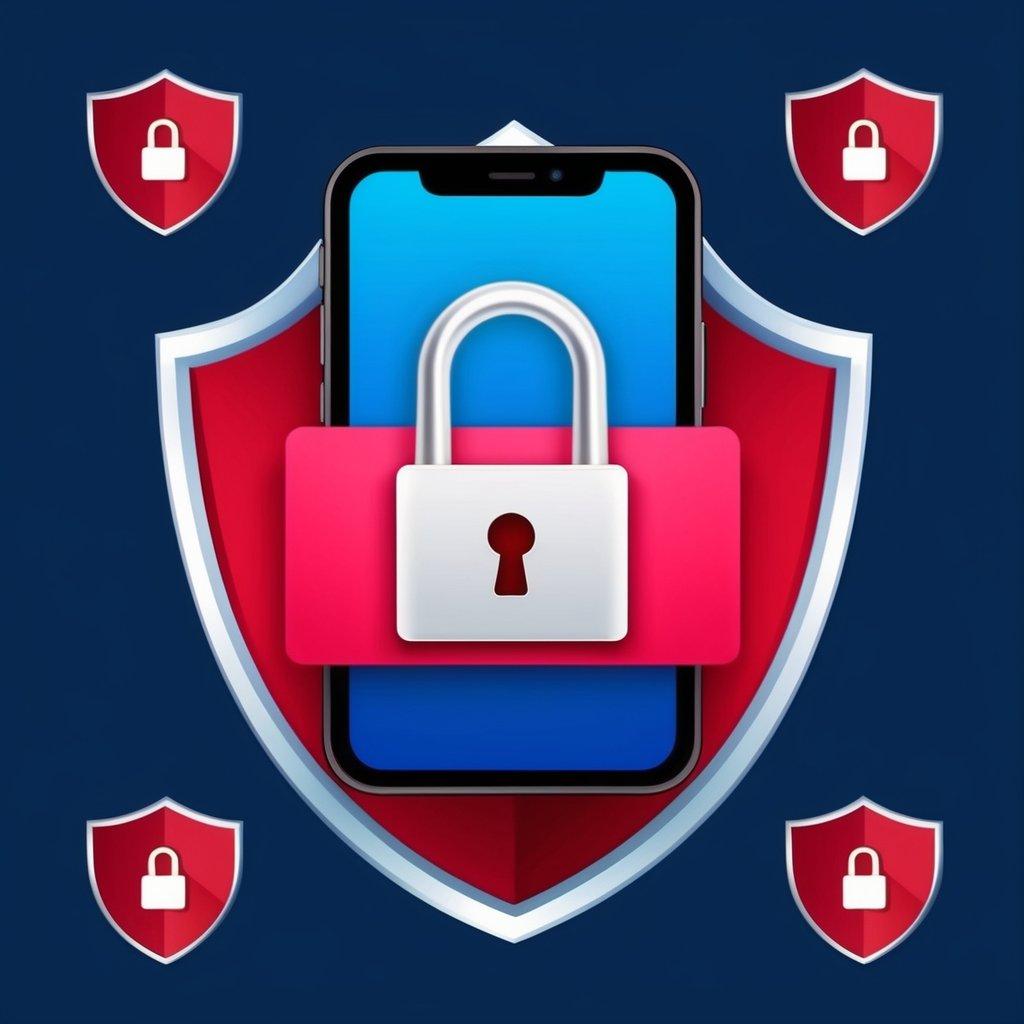 A smartphone with a padlock symbol over a casino app, surrounded by a shield and lock icons