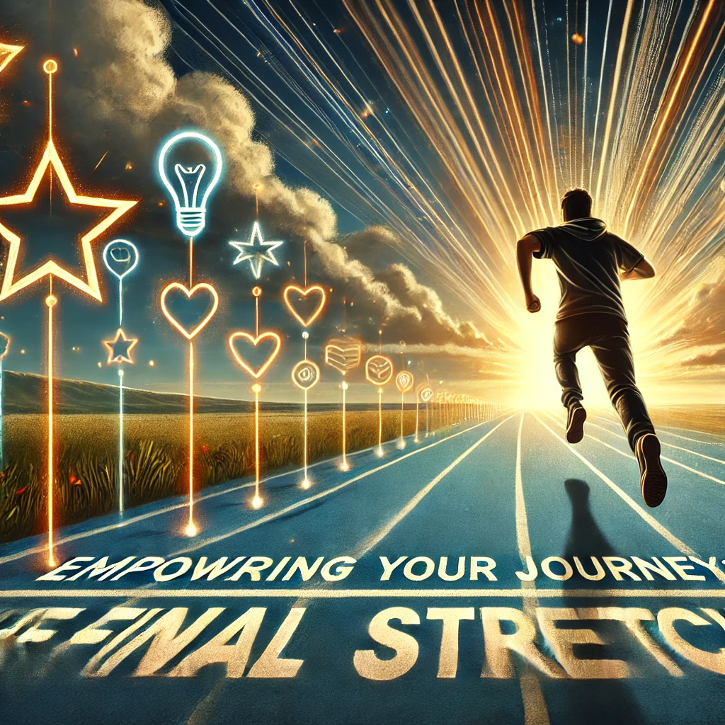 An illustration of a college student running toward the finish line of a race track, symbolizing the final stretch of their academic journey. The student is depicted in motion, looking determined and focused. Along the track, glowing symbols such as stars, lightbulbs, and hearts line the path, representing affirmations that empower and motivate. The finish line is bathed in bright light, with rays of sunlight breaking through clouds, symbolizing achievement and the promise of a bright future. The background transitions from a cloudy sky to a clear, bright horizon as the student approaches the finish line.