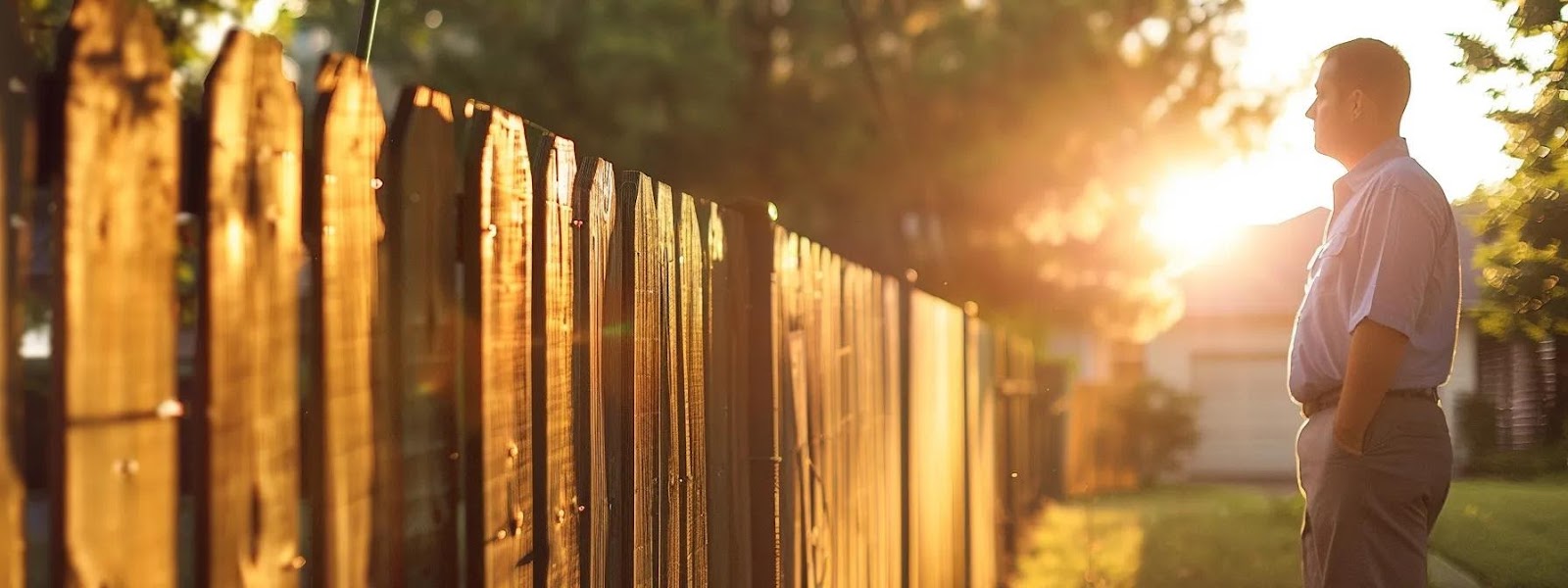 Man standing beside a wooden fence during sunset, reflecting on fencing maintenance and repair.