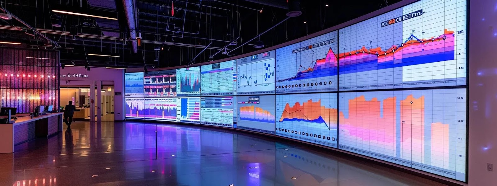 a sleek, modern office workspace showcases a large digital screen displaying detailed keyword analytics and comparison charts, emphasizing the strategic selection process of data-driven keyword research tools.