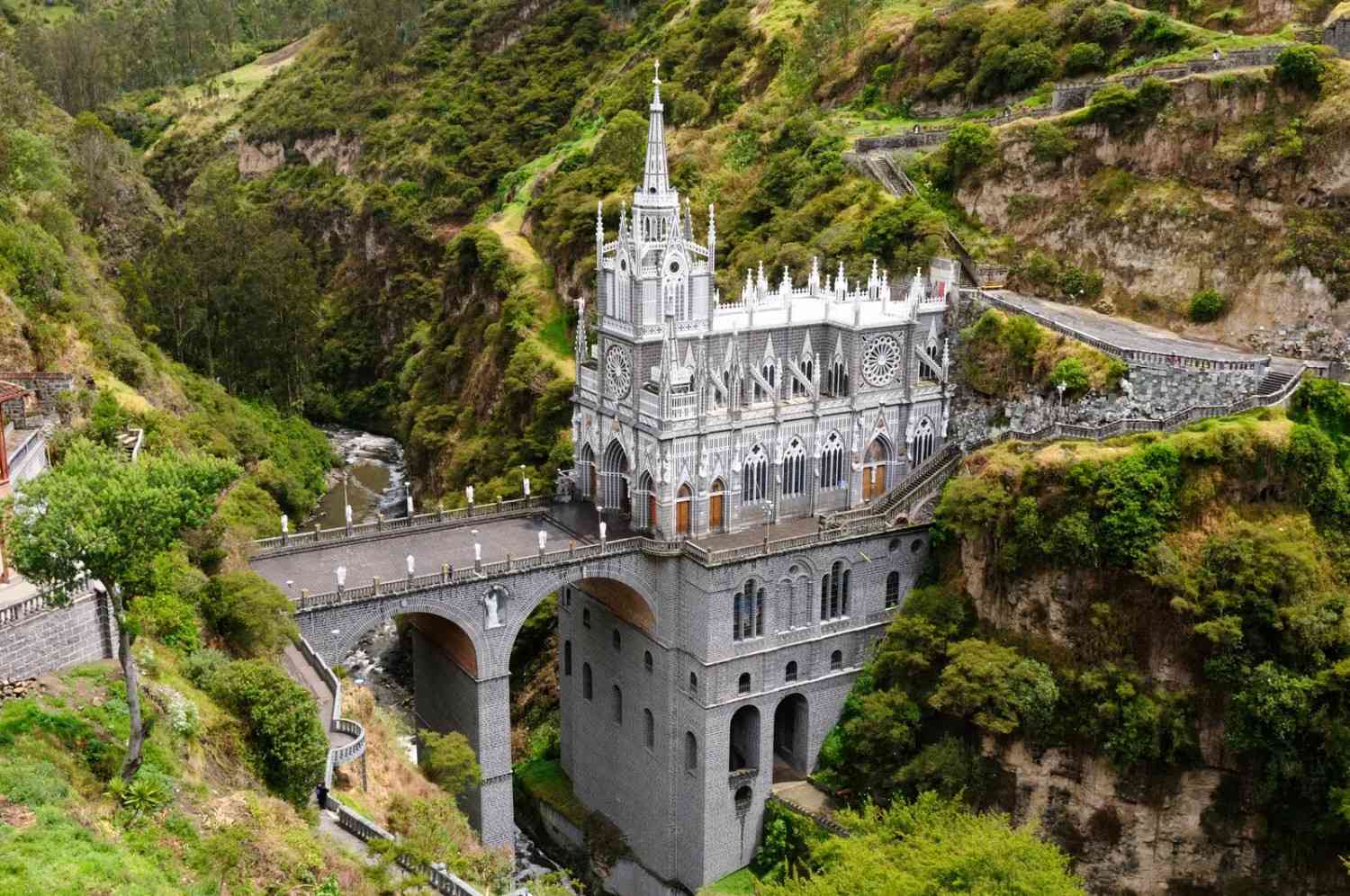 Aerial view of the church Shrine of Our Lady of Las Lajas.