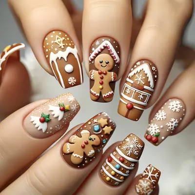 Christmas Nail Art - Gingerbread Man Nail Art on Beige Polish