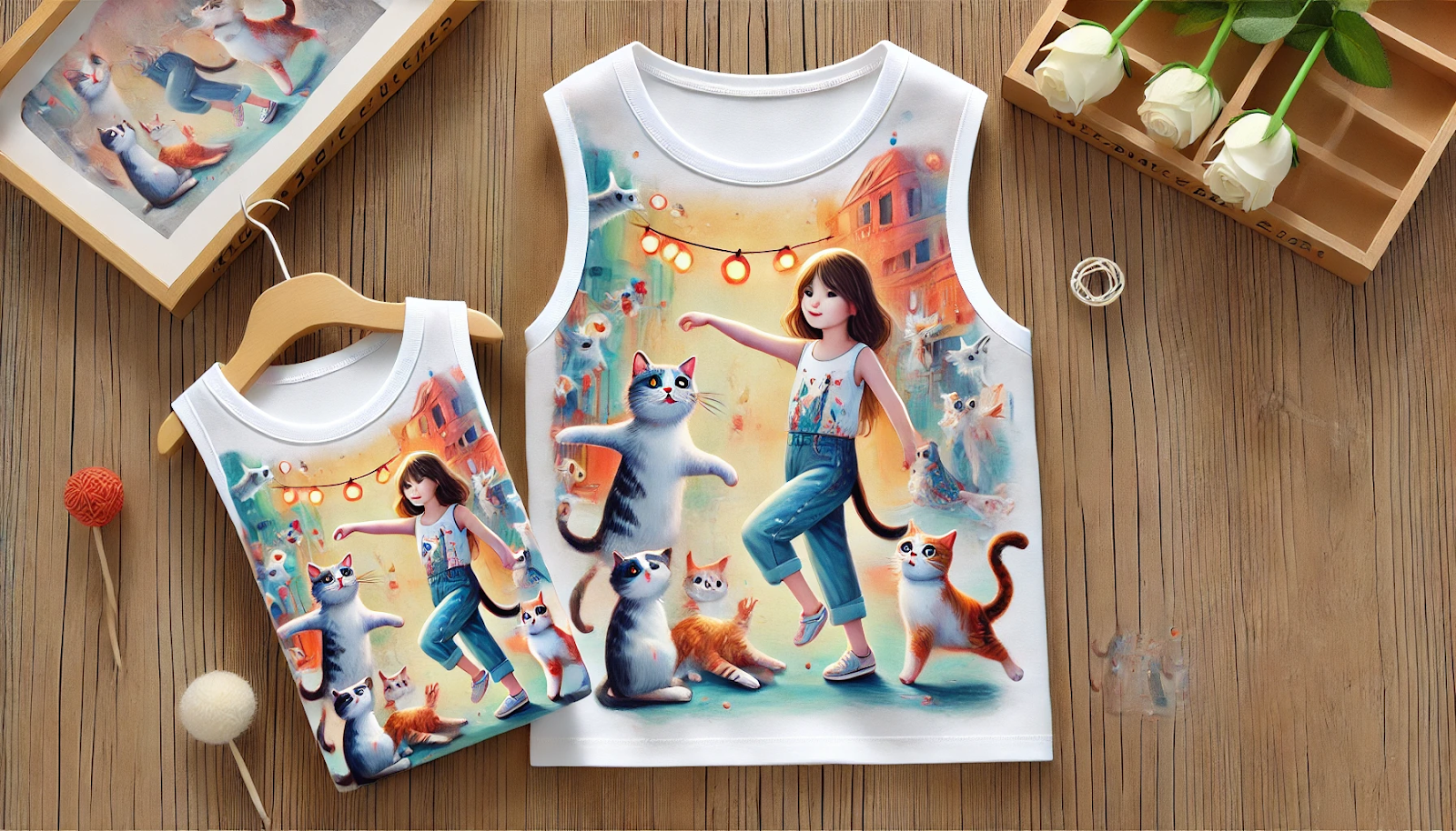 2pcs girls super comfortable cat print sleeveless tee