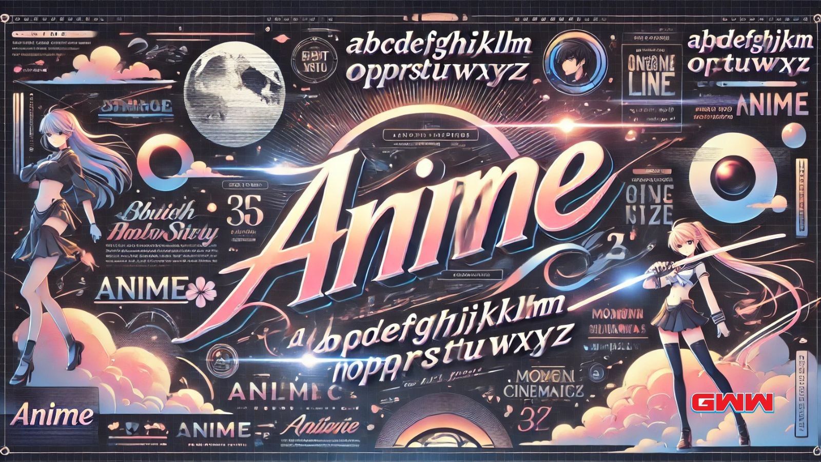 Anime typography with futuristic designs featuring swordsman and female cast