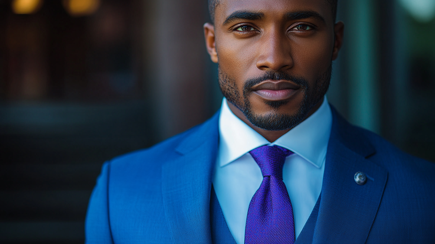 A man with dark skin wearing a cobalt blue suit, tailored to perfection with a crisp white shirt and a royal purple tie. The vibrant cobalt blue complements the rich, warm undertones of the dark skin, creating a bold, elegant look. The royal purple tie adds a pop of color, enhancing the overall sharpness of the outfit. The background is a high-end formal event, with soft lighting that highlights the brilliance of the suit and the depth of the dark skin