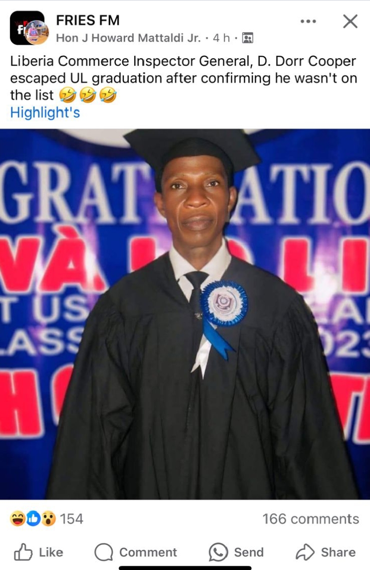 True! Commerce Inspector Dorr Cooper was not listed amongst graduates of University of Liberia 104 Convocation