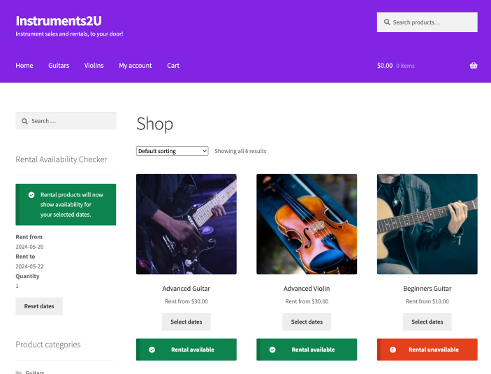 Availability checker with dates selected in sidebar, with products showing the availability