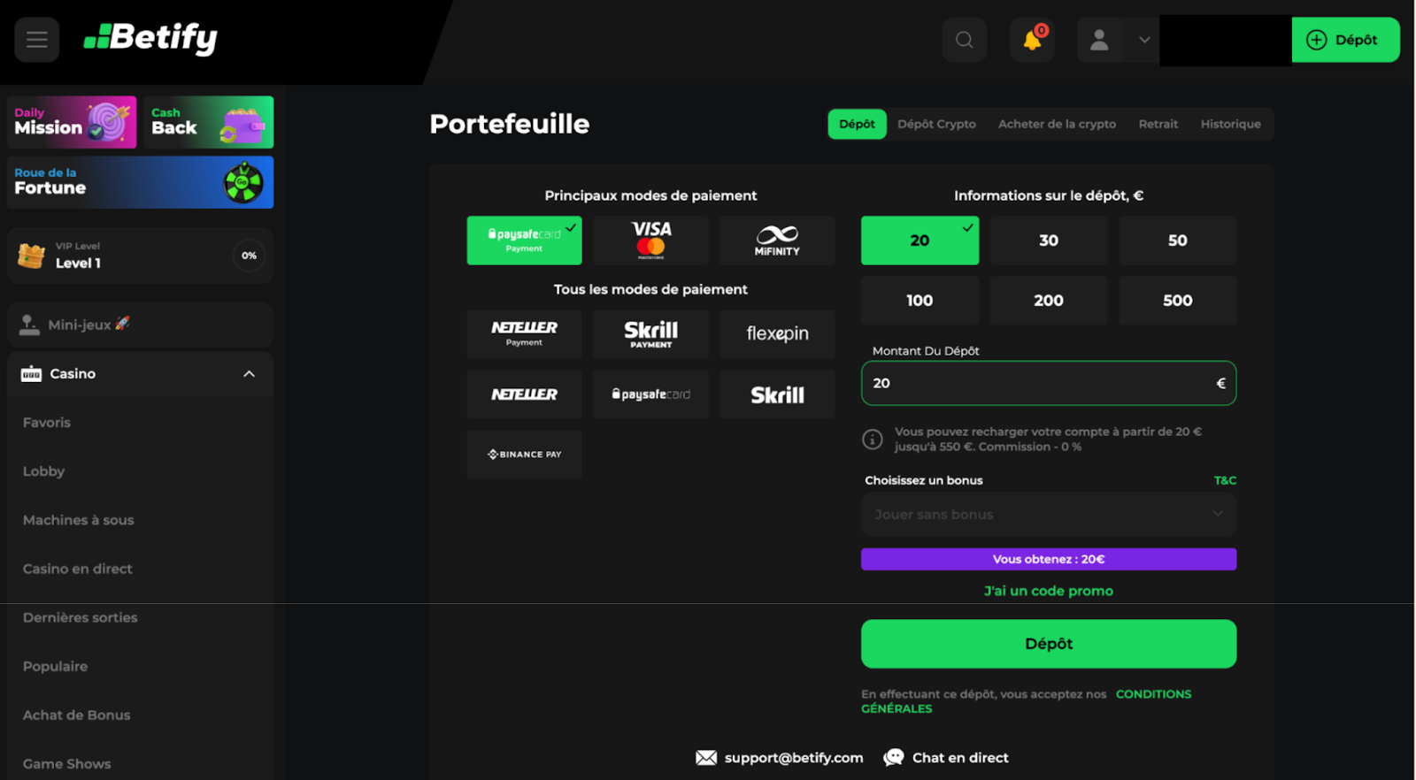 Retrait sur Betify