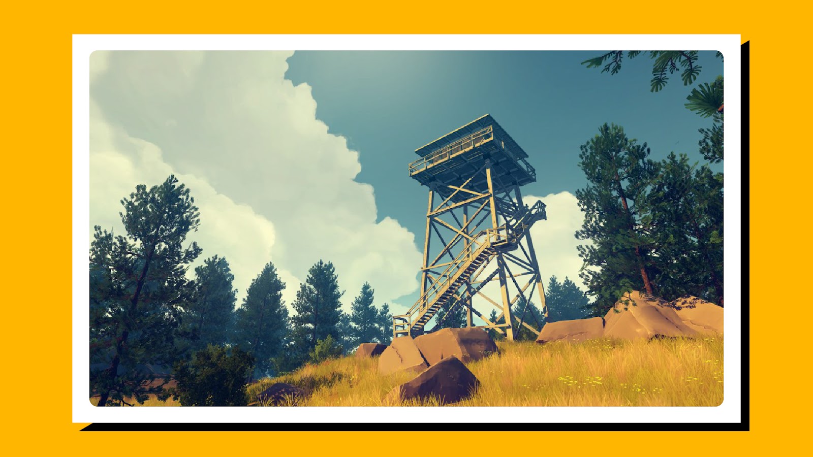 Screenshot of gameplay from Firewatch showing a lookout in the wilderness