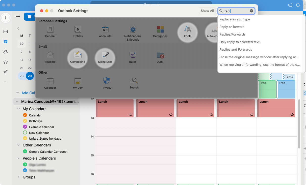 Pic. 11. Searching for “replies” in the settings’ search bar in Outlook for Mac.