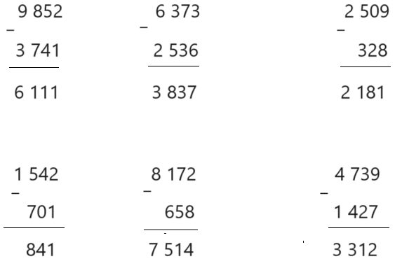 BÀI 5.PHÉP TRỪ CÁC SỐ TRONG PHẠM VI 10 000THỰC HÀNHBài 1: Đặt tính rồi tính9 852 – 3 741                        6 373 – 2 536                        2 509 – 3281 542 – 701                           8 172 - 658                           4 739 – 1 427Đáp án chuẩn:LUYỆN TẬP