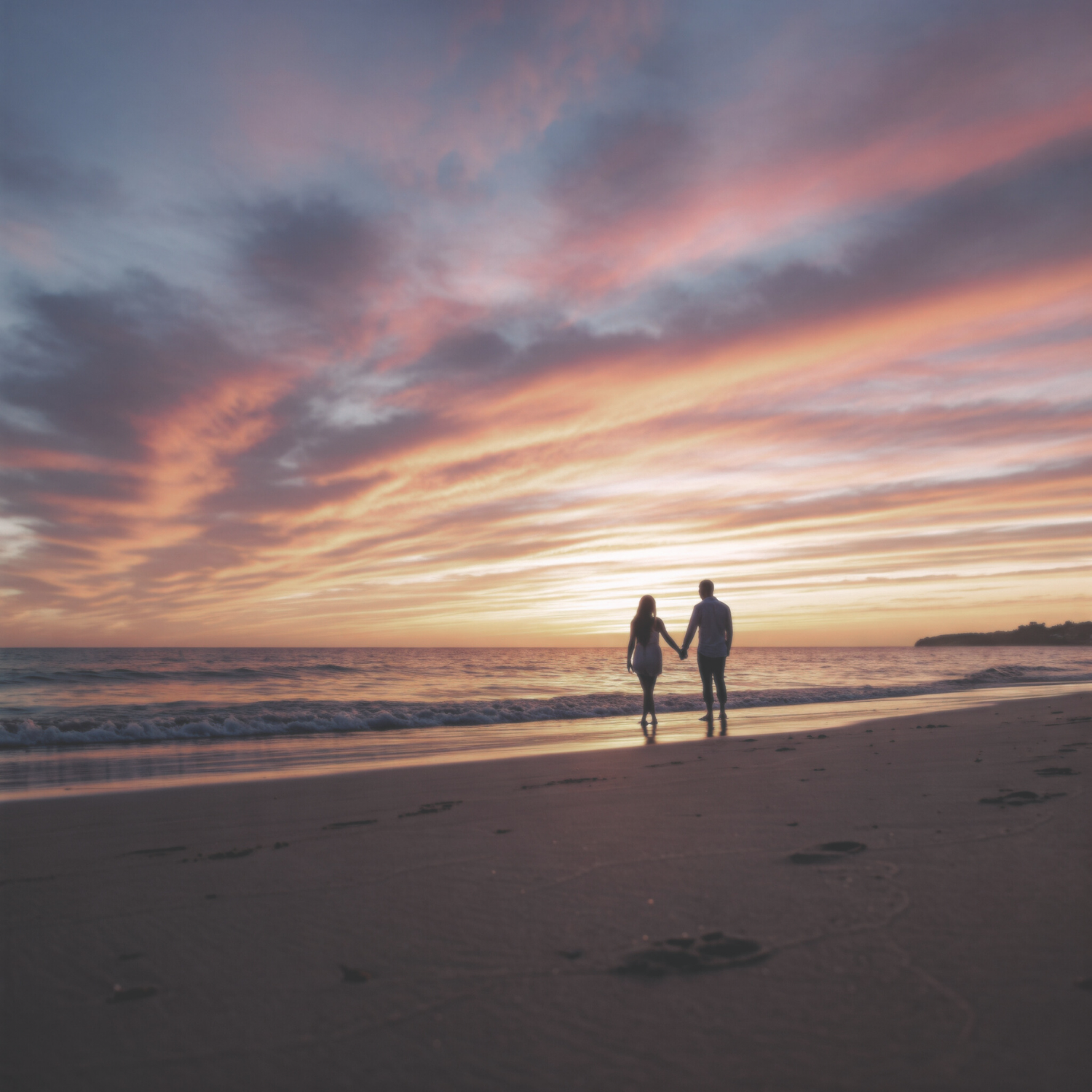 A couple walking on the shore while watching the sunset 