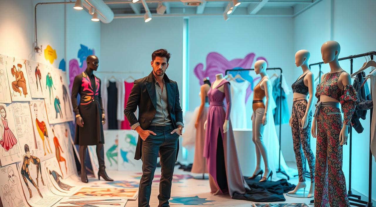 A sleek and modern fashion studio filled with vibrant sketches and luxurious fabrics, featuring a stylish male designer with a confident stance, wearing an avant-garde outfit, surrounded by mannequins dressed in innovative designs, soft lighting highlighting the artistic chaos of creativity.