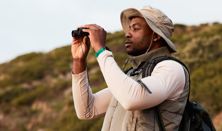 A man admiring and observing wild animals from a distance while hiking