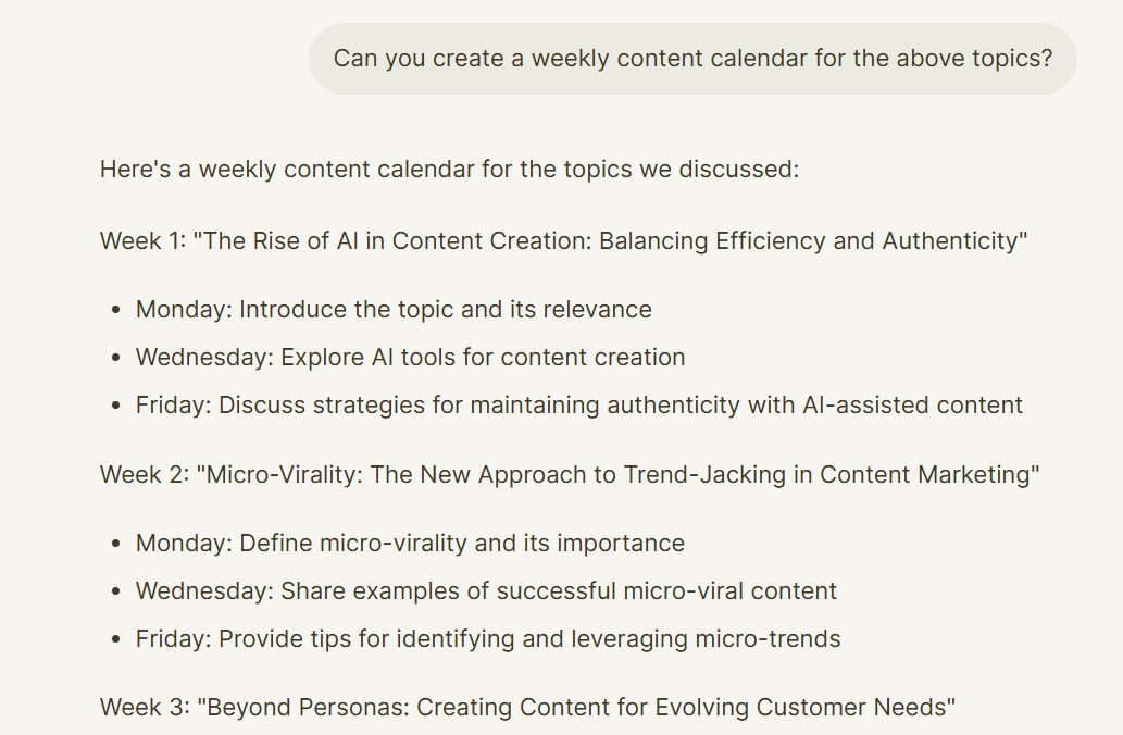 Create weekly content calendars using Chatsonic as part of your AI content marketing strategy.