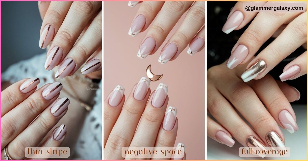 Three images showcasing different nail art designs with thin stripes, negative space, and full coverage.