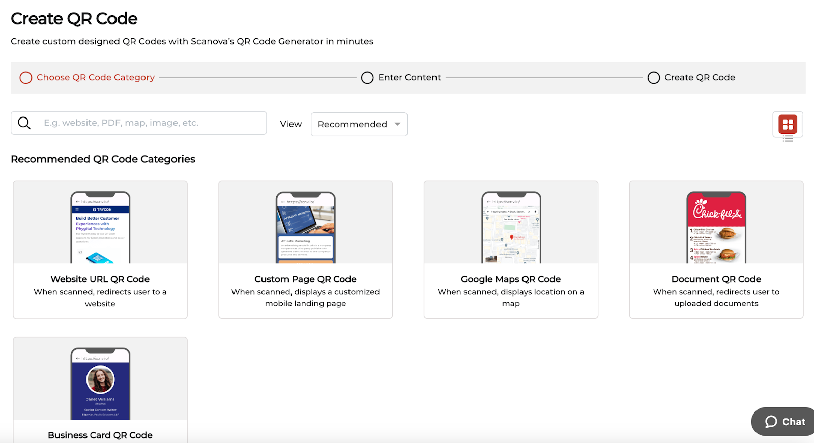 Snapshot of Scanova dashboard showing categories and navigation to the Website URL QR Code category for the festive campaign.