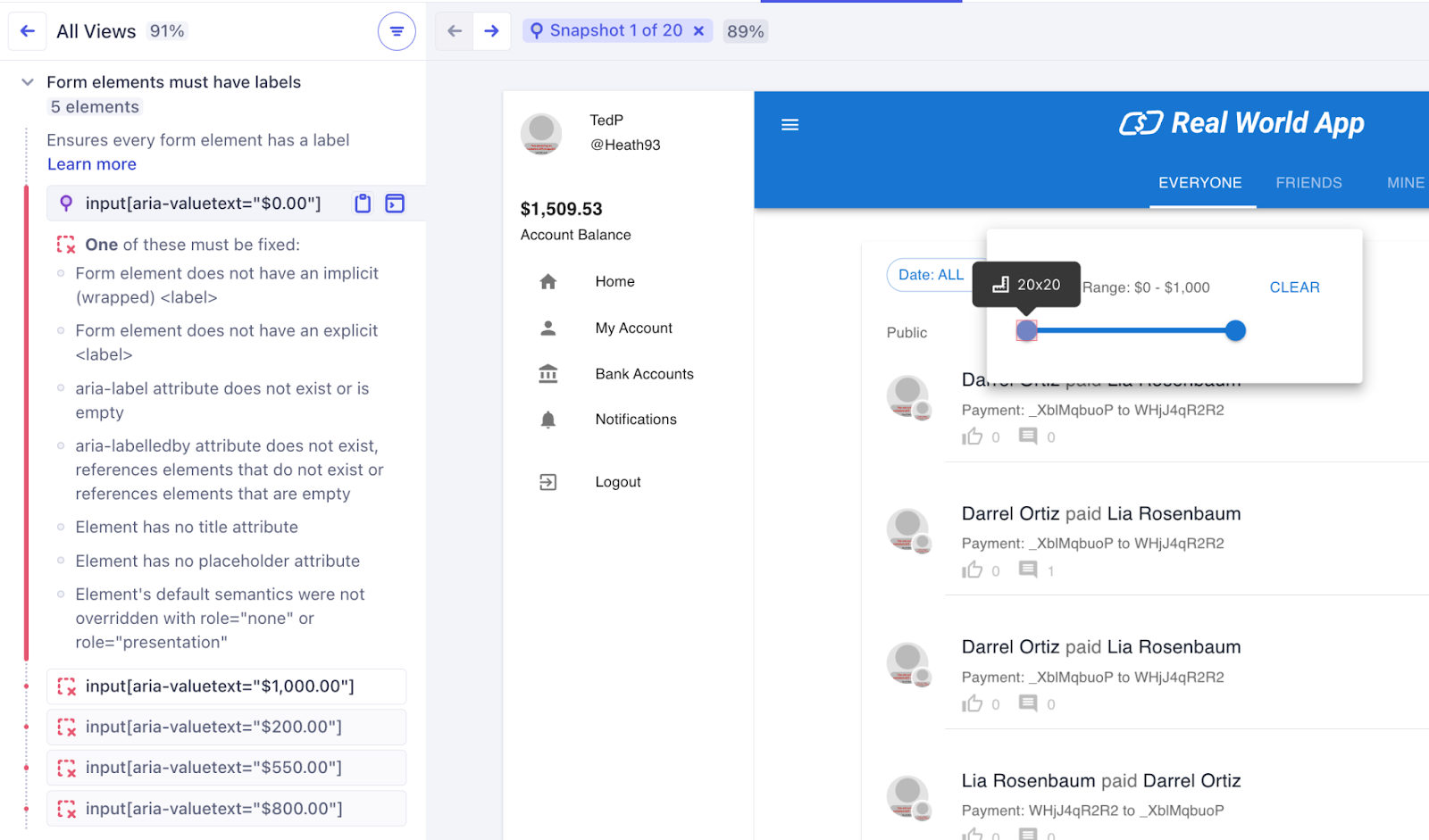 The Cypress Accessibility UI describes the "Form elements must have labels" rule on the left hand side, listing five elements that fail this rule. One element is pinned. In the right hand side, a live DOM example is displayed and a draggable range slider handlebutton is highlighted.