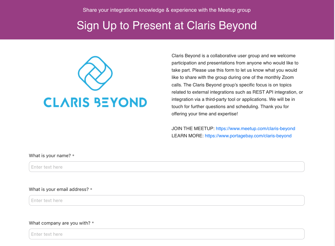 The sign up page for presenting at Claris Beyond. The page includes information about Claris Beyond as well as form questions for the user such as name, company, and email.