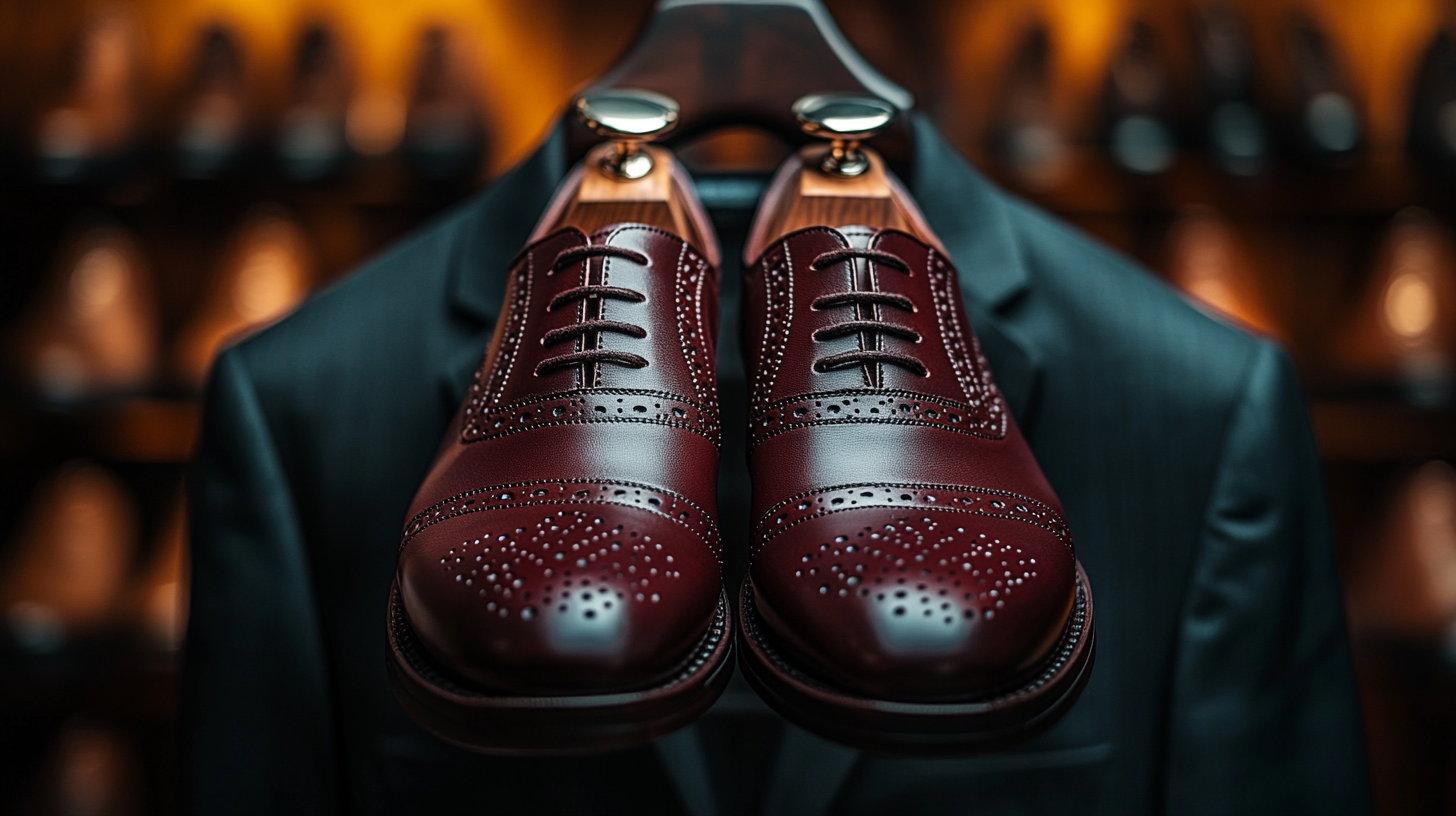 A stylish pair of oxblood (deep burgundy) dress shoes displayed beneath a black suit jacket on a hanger. The unique color adds sophistication and pairs well with burgundy accessories. Dramatic lighting enhances the leather's deep, rich tones. Ultra-detailed, 8K resolution.