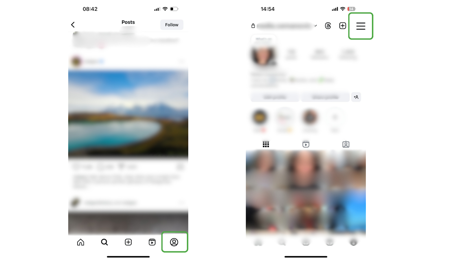 (On the left) Screenshot of the Instagram iOS app interface with the profile icon highlighted; (On the right) Screenshot of the Instagram iOS app showing a blurred profile interface and the menu icon highlighted