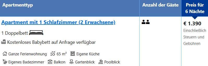 Zimmerbuchung für 1390 Euro im Doppelbett für 2 Erwachsene