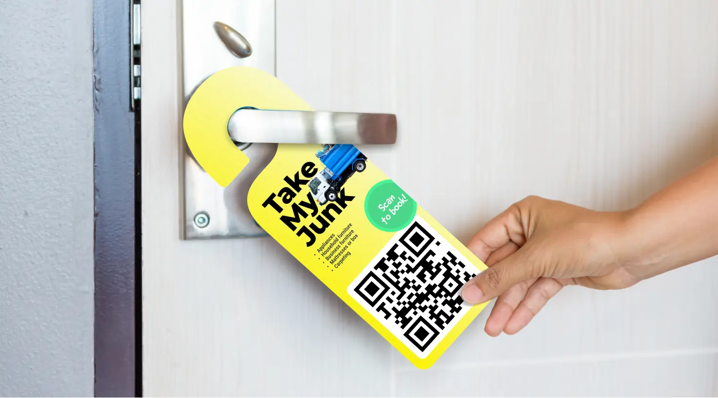 Yellow door hanger marketing example for a junk collection business with a QR code.