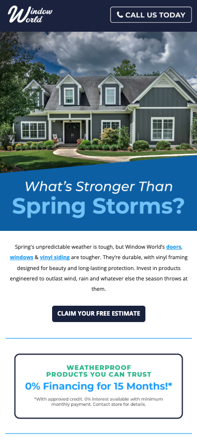 Screenshot of an email from Window World. It shows the exterior of a house and content about the durability of their windows against spring storms.