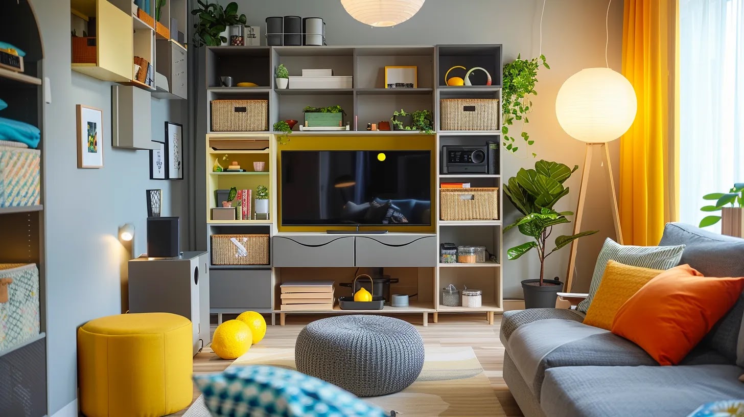 a modern, organized living space showcases a thoughtfully arranged furniture layout with designated zones for various activities, featuring stylish storage solutions and a vibrant lemon décor piece, all bathed in soft, even indoor lighting to enhance functionality and flow.
