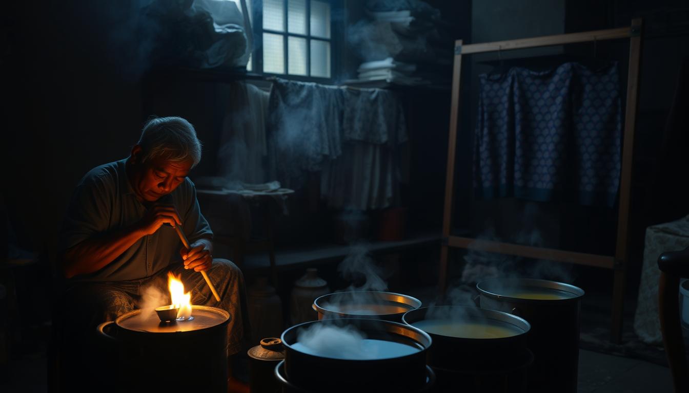A dimly lit workshop, the warm glow of a small fire casting shadows on the walls. In the foreground, a skilled artisan carefully applies wax to delicate fabrics using a traditional copper tjanting tool, creating intricate patterns. Steaming pots of vibrant dyes simmer in the middle ground, their colors waiting to be imbued into the wax-coated textiles. In the background, a large wooden frame holds the finished batik pieces, their intricate designs a testament to the meticulous craft. The atmosphere is one of quiet focus and reverence for the centuries-old tradition of wax-resist dyeing, the very essence of Malaysian batik.