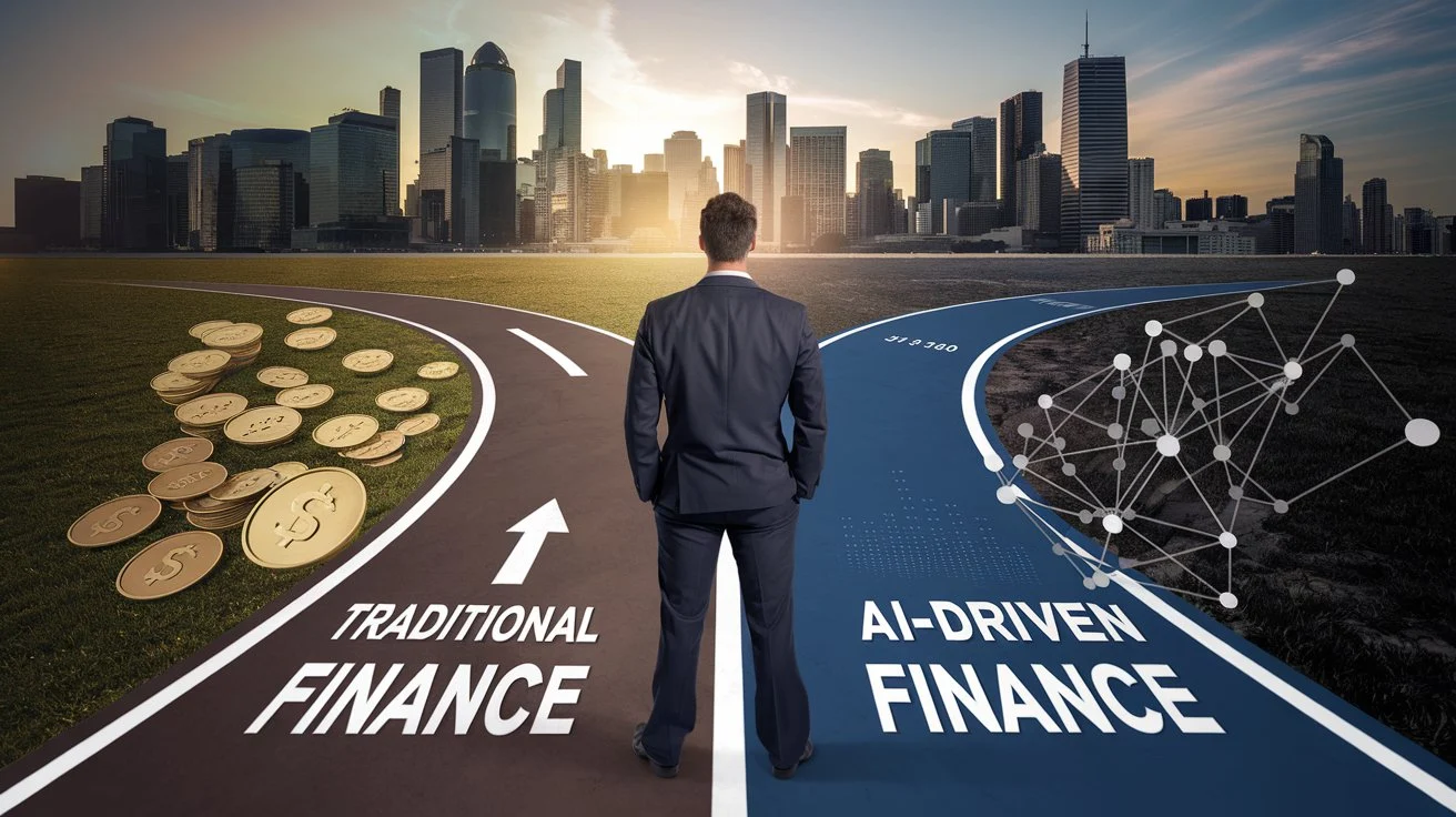 A split-screen image showing traditional banking versus AI-driven financial solutions